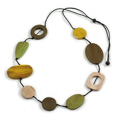 Olive/White/Mint/Yellow Wood Bead Geometric Cotton Cord Long Necklace - 110cm L (Adjustable