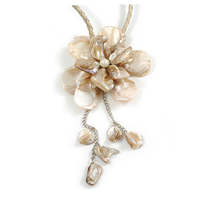 Large Shell Flower Pendant with Faux Leather Cord in Antique White/44cm L/3cm Ext/15cm Pendant/Slight Variation In Colour/Size/Shape/Natural Irregular