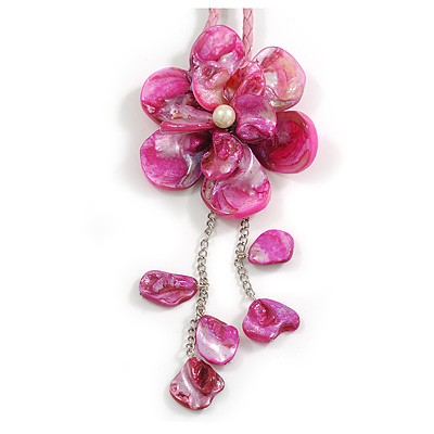 Large Shell Flower Pendant with Faux Leather Cord in Fuchsia Pink/44cm L/3cm Ext/15cm Pendant/Slight Variation In Colour/Size/Shape/Natural Irregular