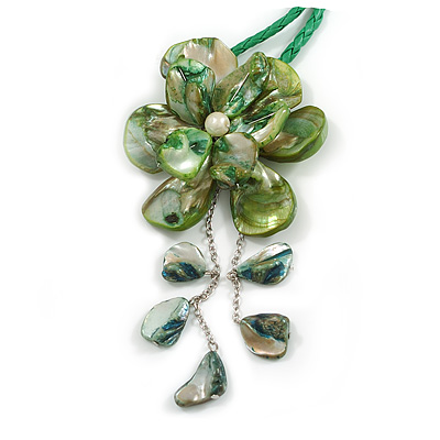 Large Shell Flower Pendant with Faux Leather Cord in Green/44cm L/3cm Ext/15cm Pendant/Slight Variation In Colour/Size/Shape/Natural Irregularities