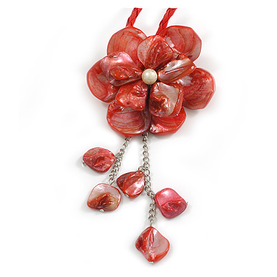 Large Shell Flower Pendant with Faux Leather Cord in Red/44cm L/3cm Ext/15cm Pendant/Slight Variation In Colour/Size/Shape/Natural Irregularities