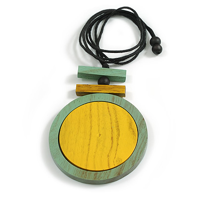 Mint/Yellow Large Round Wooden Geometric Pendant with Black Cotton Cord Necklace - 92cm L/ 10.5cm Pendant - Adjustable - main view