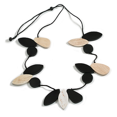 Black/White Oval/Round Wood Bead with Black Cotton Cord Long Necklace - 100cm L (Adjustable)