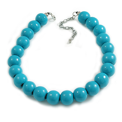 20mm D/Chunky Turquoise Coloured Polished Wood Bead Necklace in Silver Tone - 44cm L/10cm Ext