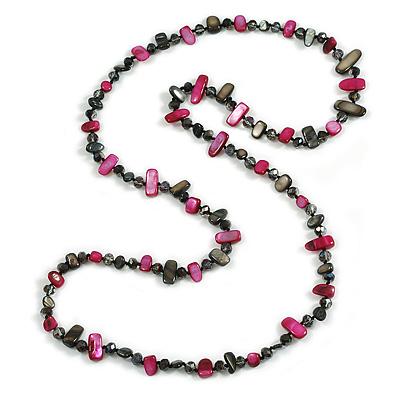Long Beetroot Purple/Black Shell Nugget and Black Faceted Glass Bead Necklace - 114cm Long