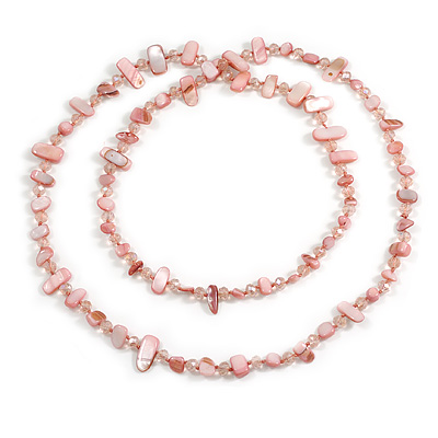 Long Pastel Pink Shell Nugget and Pink Faceted Glass Bead Necklace - 120cm Long