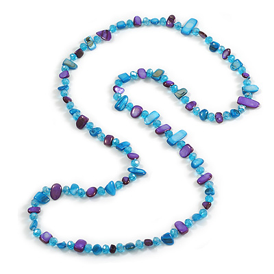 Long Cerulean Blue/ Purple Shell Nugget and Faceted Glass Bead Necklace - 106cm Long