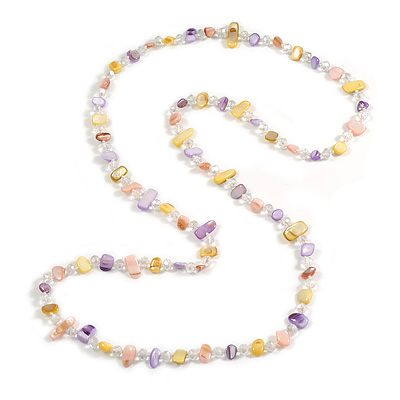 Long Pastel Yellow/Pink/Purple Shell Nugget and Clear Faceted Glass Bead Necklace - 120cm Long - main view