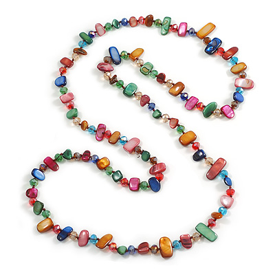 Stunning Multicoloured Shell Nugget and Faceted Glass Bead Long Necklace - 116cm Long
