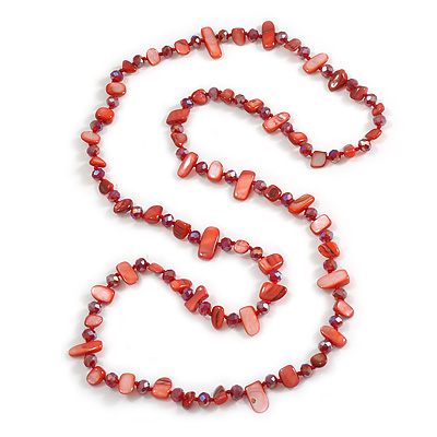 Long Imperial Red Shell Nugget and Dark Red Faceted Glass Bead Necklace - 112cm Long