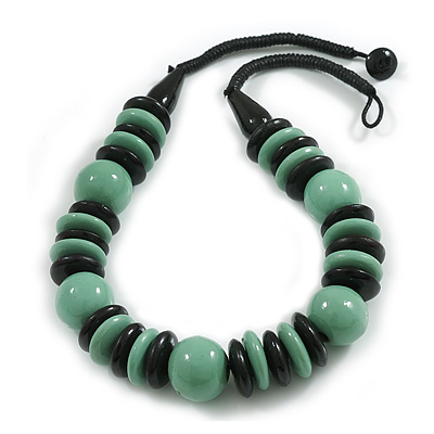 Chunky Style Mint Green/Black Wood Bead Cotton Cord Necklace - 64cm Long