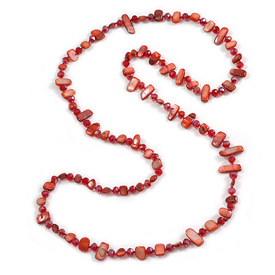 Long Rose Red Shell Nugget and Faceted Glass Bead Necklace - 116cm Long