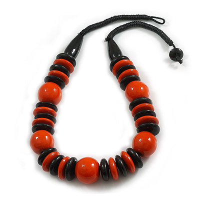 Chunky Style Orange/Black Wood Bead Cotton Cord Necklace - 64cm Long
