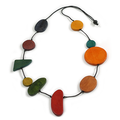 Washed Effect Multicoloured Wooden Bead Geometric Black Cord Long Necklace/ 100cm Long/ Adjustable