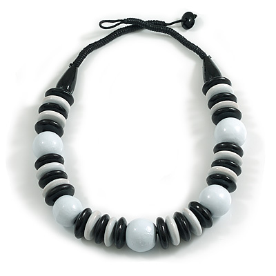 Chunky Style Light White/Black Wood Bead Cotton Cord Necklace - 64cm Long
