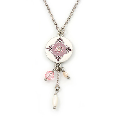 Delicate White, Pink Enamel Medallion Pendant With Antique Silver Chain Necklace - 36cm Length/ 7cm Extension
