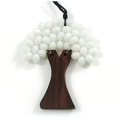 White Glass Bead/ Brown Wood Tree Of Life Pendant with Black Cotton Cord - 76cm L - main view