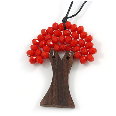 Red Glass Bead/ Brown Wood Tree Of Life Pendant with Black Cotton Cord - 76cm L
