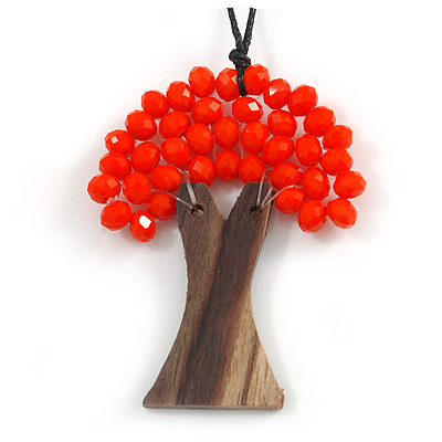 Bright Orange Glass Bead/ Brown Wood Tree Of Life Pendant with Black Cotton Cord - 76cm L - main view
