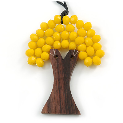 Bright Yellow Glass Bead/ Brown Wood Tree Of Life Pendant with Black Cotton Cord - 76cm L - main view