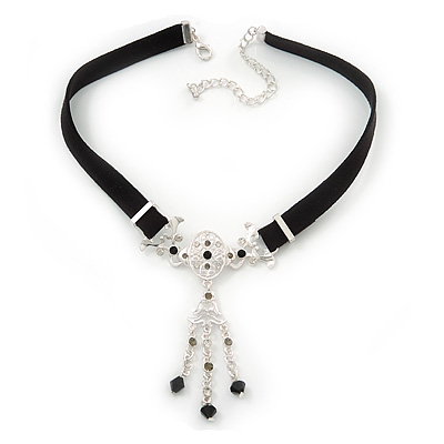 Victorian Black Suede Style Diamante Choker Necklace In Silver Tone Metal - 34cm Length with 7cm extension