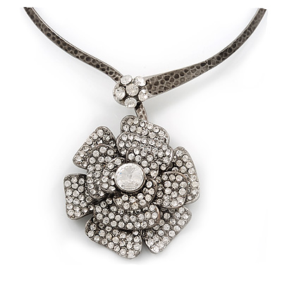 Large Dimensional Swarovski Crystal 'Flower' Pendant Collar Necklace In Burn Silver Finish - 39cm Length - main view