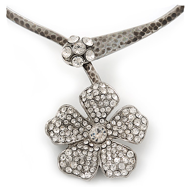 Clear Swarovski Crystal 'Flower' Pendant Hammered Collar Necklace In Burn Silver Finish - 38cm Length