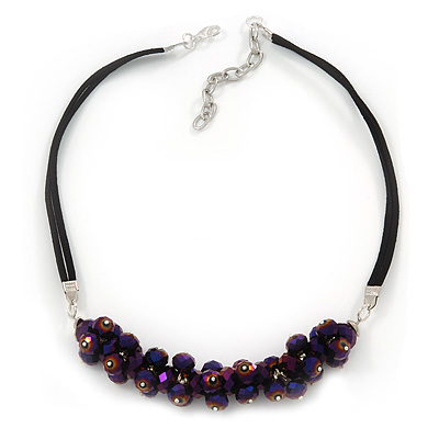 Chameleon Purple Cluster Glass Bead Black Suede Necklace In Silver Plating - 40cm Length/ 7cm Extender