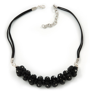 Black Cluster Glass Bead Suede Necklace In Silver Plating - 40cm Length/ 7cm Extender