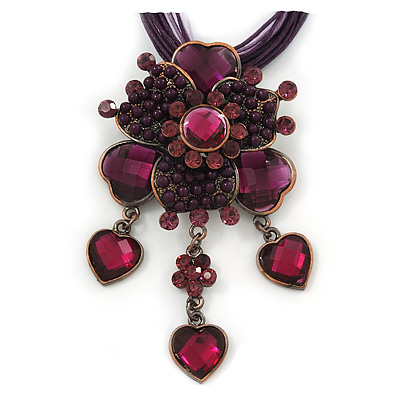 Violet/Purple Diamante Vintage Flower Pendant On Cotton Cords Necklace In Bronze Metal - 38cm Length/ 7cm Extension