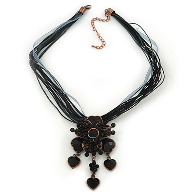 Black/ Grey Diamante Vintage Flower Pendant On Cotton Cords Necklace In Bronze Metal - 38cm Length/ 7cm Extension