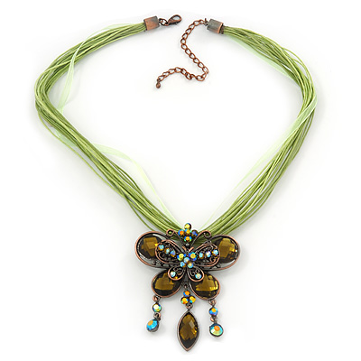 Olive Green/Light Green Diamante 'Butterfly With Tail' Cotton Cord Pendant Necklace In Bronze Metal - 38cm Length/ 8cm Extension - main view