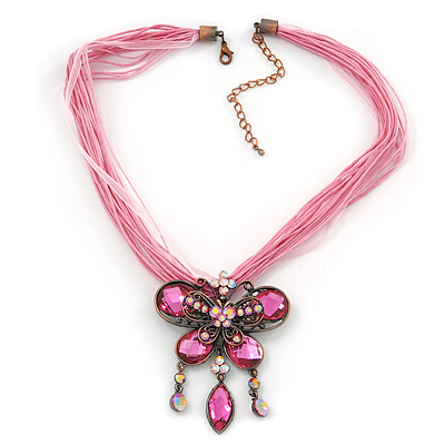Pink Diamante 'Butterfly With Tail' Cotton Cord Pendant Necklace In Bronze Metal - 38cm Length/ 8cm Extension