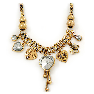 Vintage Burn Gold Charm 'Heart&Butterfly' Mesh Necklace - 40cm Length/ 6cm Extension