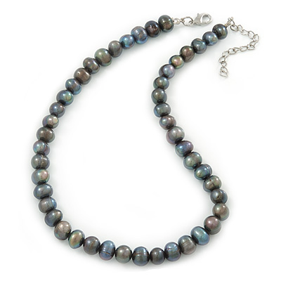 10mm Grey Oval Freshwater Pearl Necklace In Silver Tone - 41cm L/ 6cm Ext