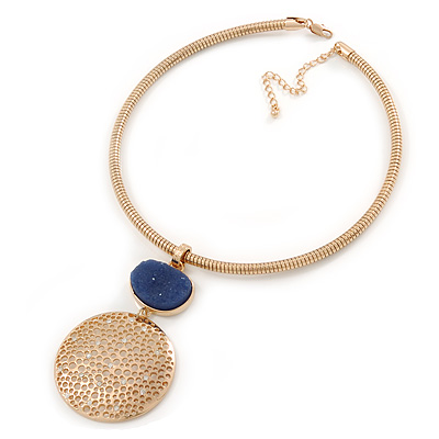 Gold Tone Medallion with Blue Stone Pendant with Flex Collar Necklace - 40cm L/ 7cm Ext