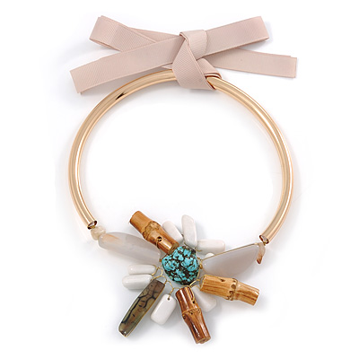 Statement Flower Gold Plated Metal Bar with Silk Ribbon Choker Necklace - Adjustable