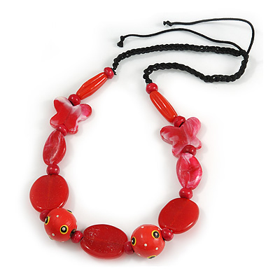 Romantic Butterfly Beaded Black Cord Necklace in Red - 56cm L - Adjustable - main view