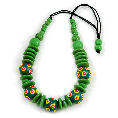Lime Green Ball and Button Wood Bead Black Cotton Cord Necklace - 66cm Long