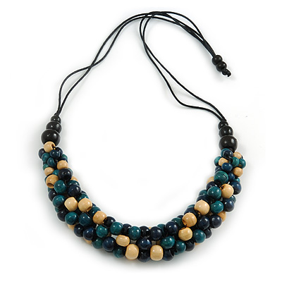 Dark Blue/ Natural/ Teal Cluster Wood Bead Chunky Necklace with Black Cotton Cord - 70cm L - main view