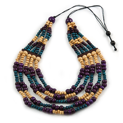 Multistrand Teal/ Natural/ Purple Wooden Bead Black Cord Necklace - 100cm L Adjustable