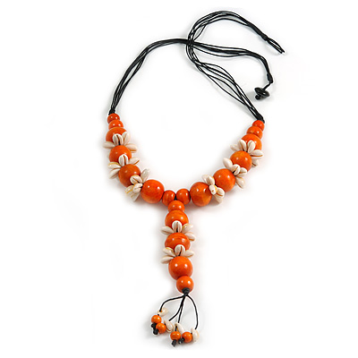 Orange Wood Bead with Sea Shell Element Tassel Black Cord Necklace - 70cm L/ 15cm Tassel