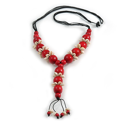Red Wood Bead with Sea Shell Element Tassel Black Cord Necklace - 70cm L/ 15cm Tassel