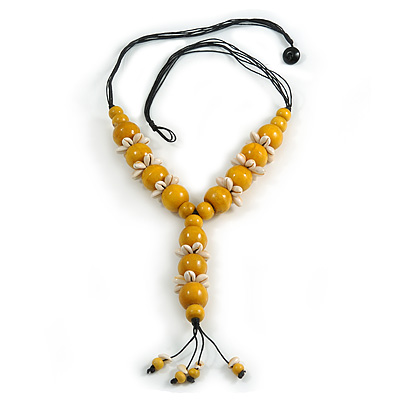Yellow Wood Bead with Sea Shell Element Tassel Black Cord Necklace - 70cm L/ 15cm Tassel