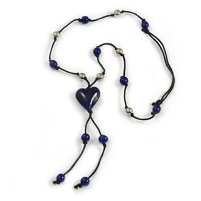 Dark Blue Glass Heart Pendant on Black Cotton Cord with Ceramic and Metal Beads Necklace - 64cm Long/ 15cm Tassel - main view