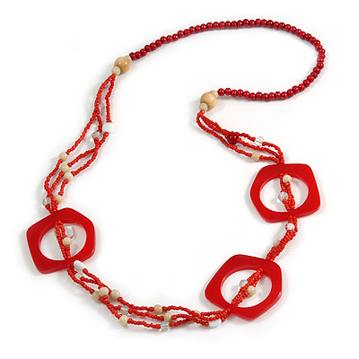 Long Multi-strand Red Ceramic/ Wooden Bead, Acrylic Ring Necklace - 90cm L