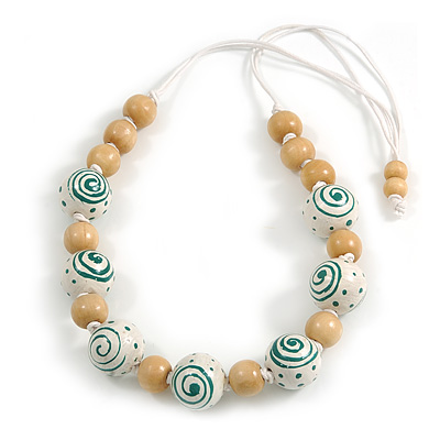 Stylish Wood Beaded Necklace with White Cotton Cords (White/ Natural) - 70cm Long