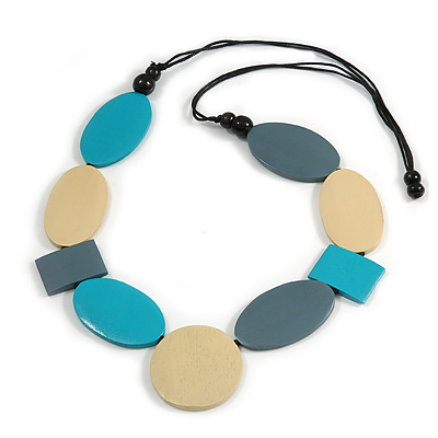 Long Teal Blue/ Grey/ Cream Geometric Wood Bead Necklace with Black Cotton Cords - 110cm L