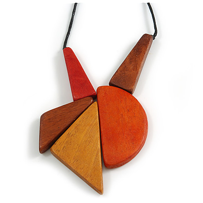 Red/ Brown/ Yellow/ Orange Geometric Wood Pendant with Black Waxed Cotton Cord - 84cm Long/ 12cm Pendant