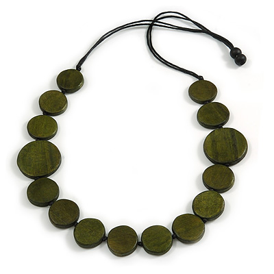 Worn Effect Dark Green Wood Button Bead Necklace with Waxed Cotton Cord - Adjustable - 84cm Long